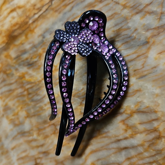 Elegant Purple and Pink Rhinestone Flower Duckbill Hair Clip NEW - Picture 1 of 4